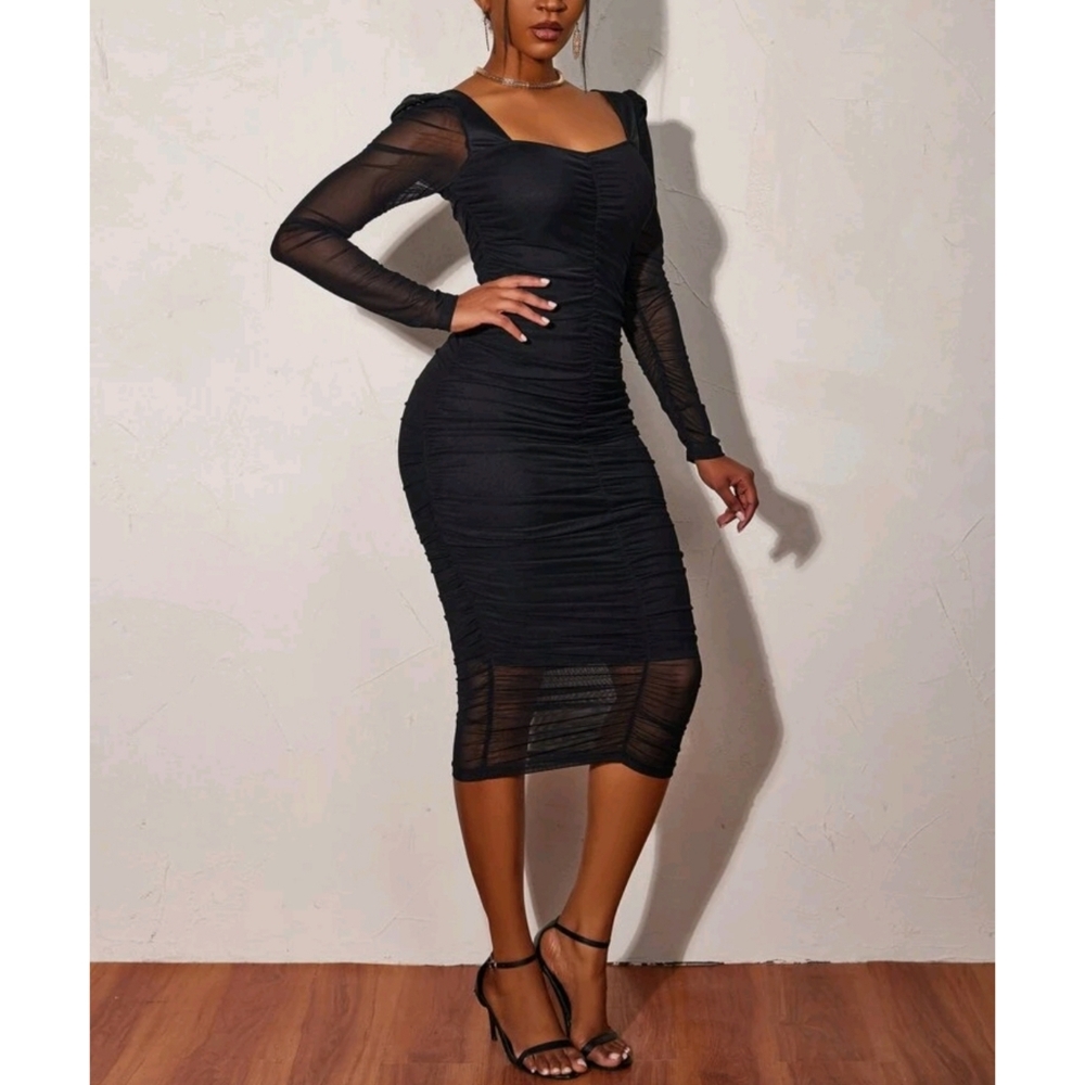 🔥FINAL SALE🔥Sweetheart Neck Contrast Mesh Bodycon Dress - Picture 6 of 7